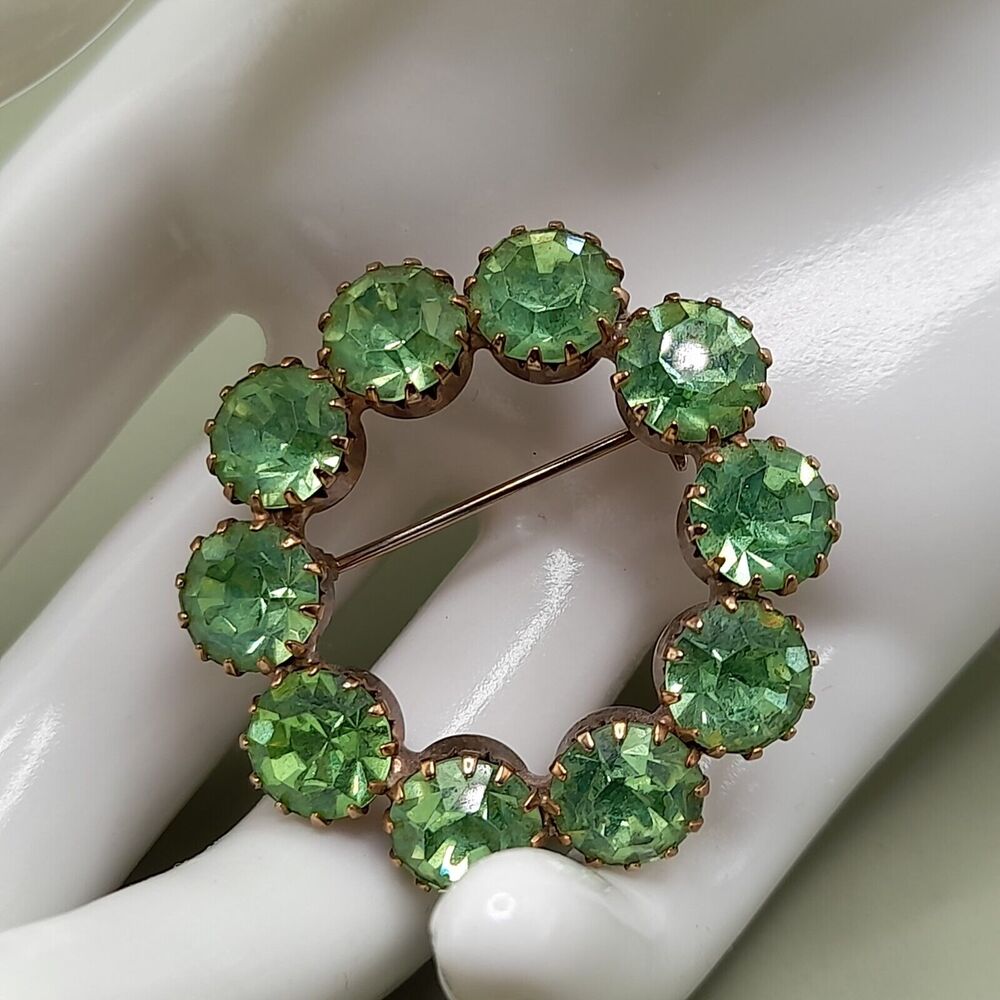 Vintage Peridot Green Rhinestone Circle Brooch Uranium Glass 1950s